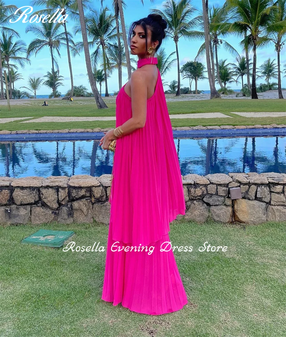 ROSELLA Halter Floor Length Women Evening Dress Tiered One Shoulder Pleated Prom Gown