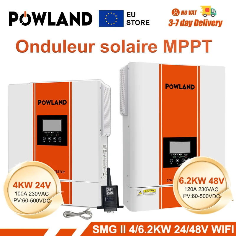 POWLAND 6.2KW 4KW Hybrid Solar Inverter 48V 24V 230V With Max 100A 120A MPPT Charge Controller PV Max 500VDC Solar Inversor