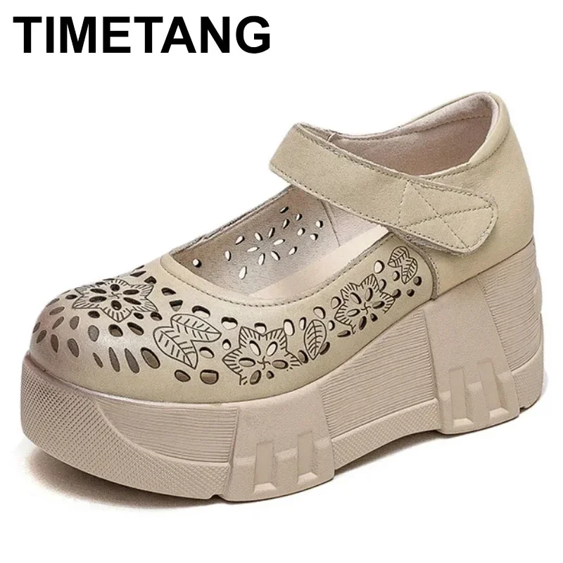 

2025 Women Moccassin 7cm Round Toe Cow Genuine Leather Platform Wedge Hollow Female New Hook Fashion Summer Casual Print Shoes