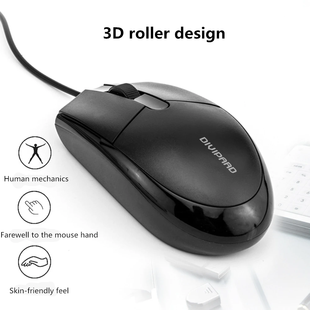 Wired mouse 1200DPI optical mouse symmetrical design ergonomic shape for desktop notebook computers, black