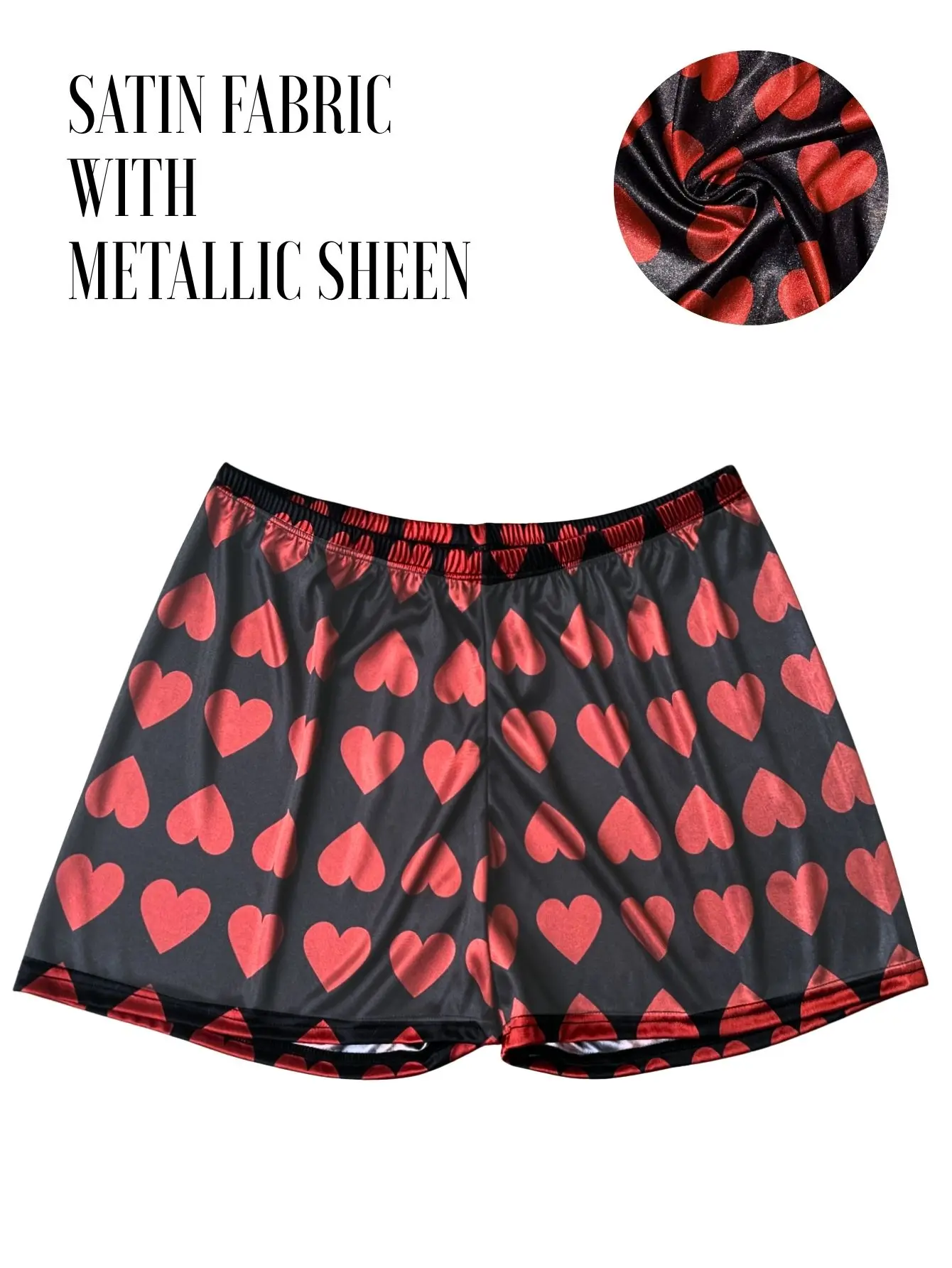 1 Piece Men's Heart Print Satin Lounge Shorts - Glossy Metallic Sheen Lightweight Breathable Casual Nightwear Home Shorts