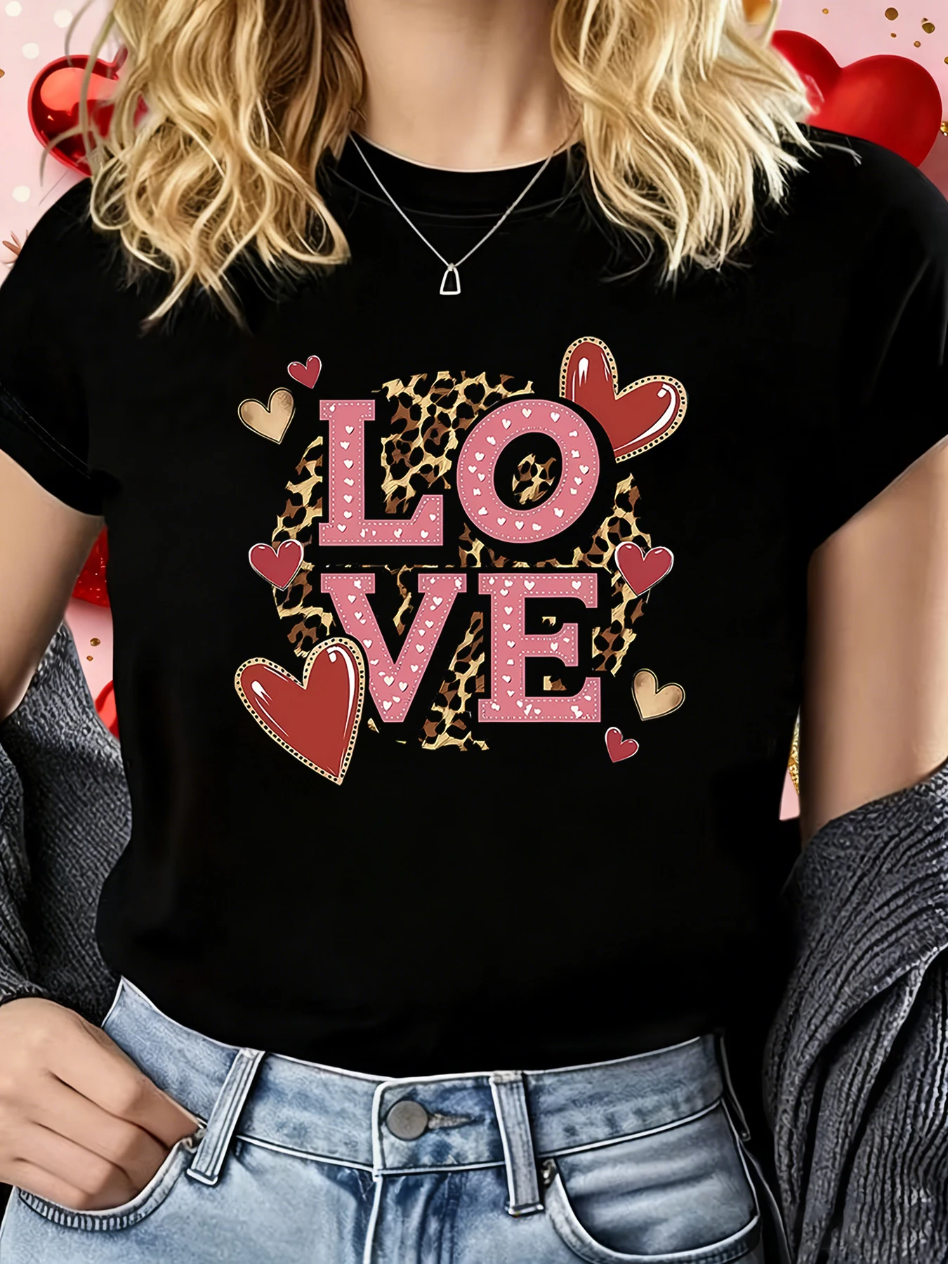 

Женская футболка с коротким рукавом на День святого Валентина, повседневный повседневный топ с круглым вырезом и буквенным принтом LOVE на лето и весну