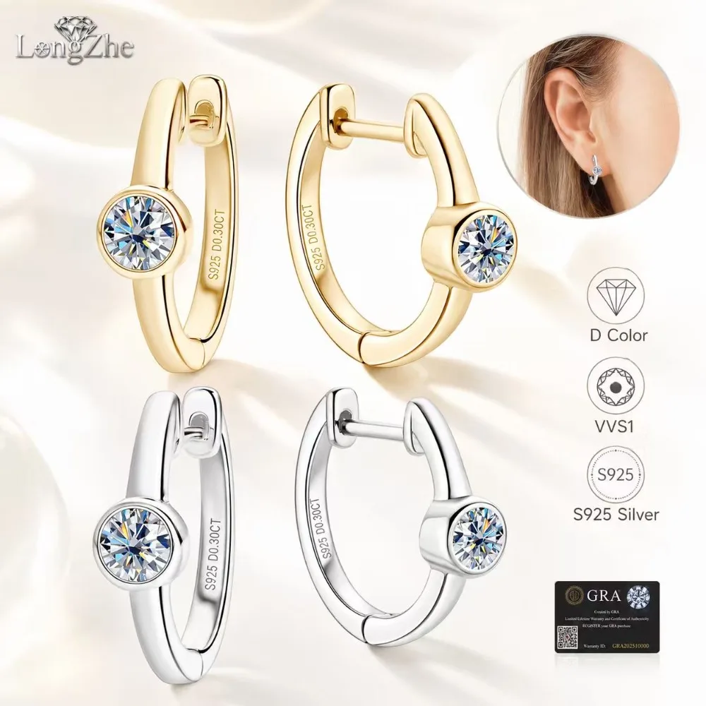 

Moissanite Hoop Earrings Women S925 Silver 0.3CT+0.3CT Round Stone Huggie Earrings Gold White Minimalist Ear Jewelry Gift