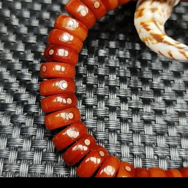 Tibetan-style oil-polished camel bone red and yellow , thick pill-shaped beads inlaid with copper nails, bracelet (12mm)