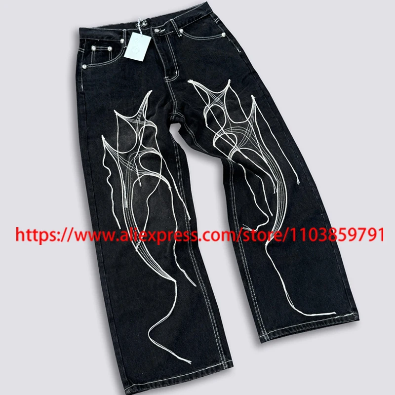 

Retro Casual Washed Black Thug Club Jeans American High Street Hip Hop Embroidery Logo Thug Club Wide-leg Pants