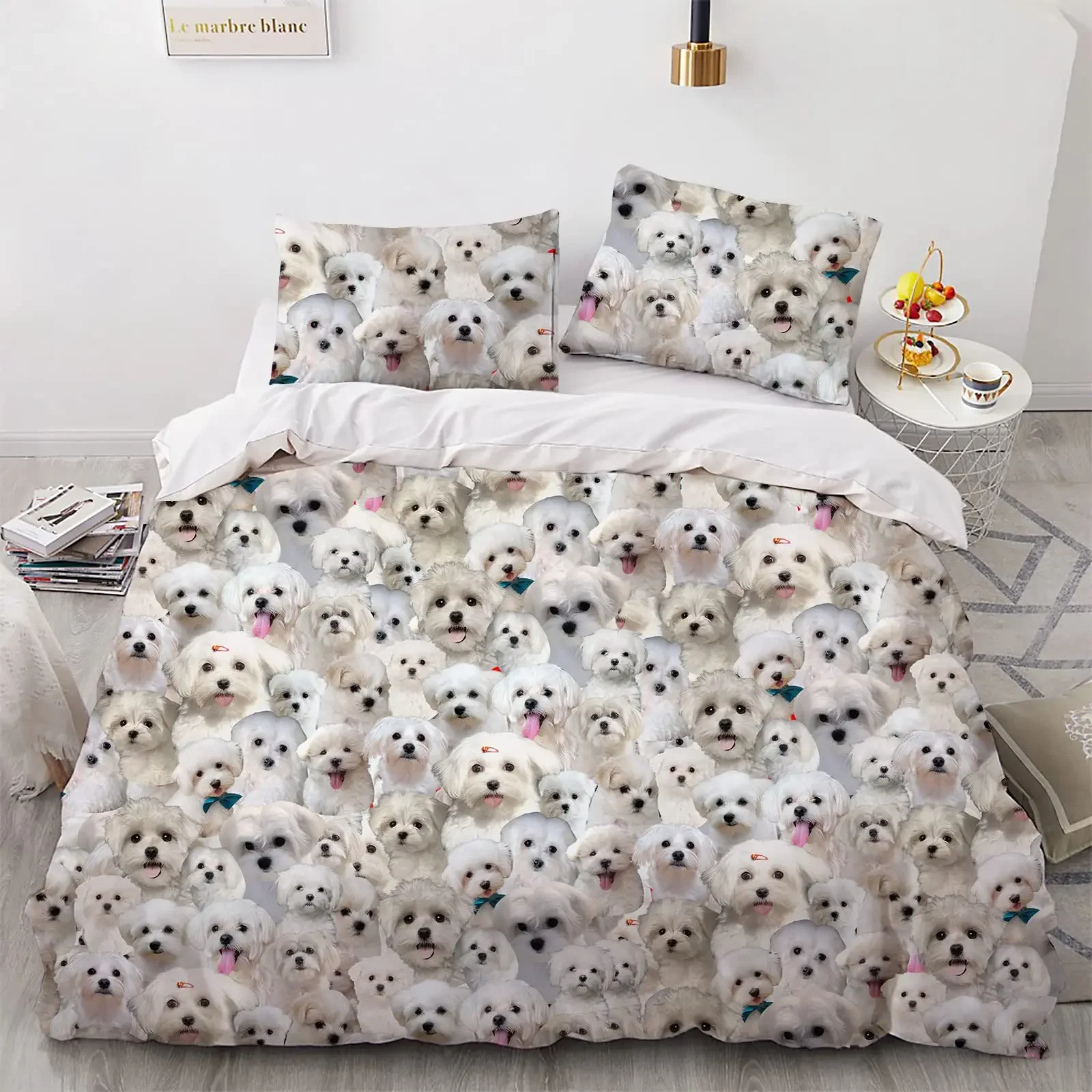 Cute Maltese Dog Duvet Cover Set Dog Breed Theme Bedding Set Microfiber Kawaii Animal Quilt Cover Twin King For Pet Lover Gifts