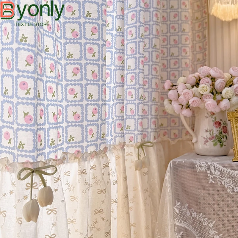 Young Girl French Garden Princess Style Floral Bow Skirt Splicing Window Screen Curtains for Living Room Bedroom French Window