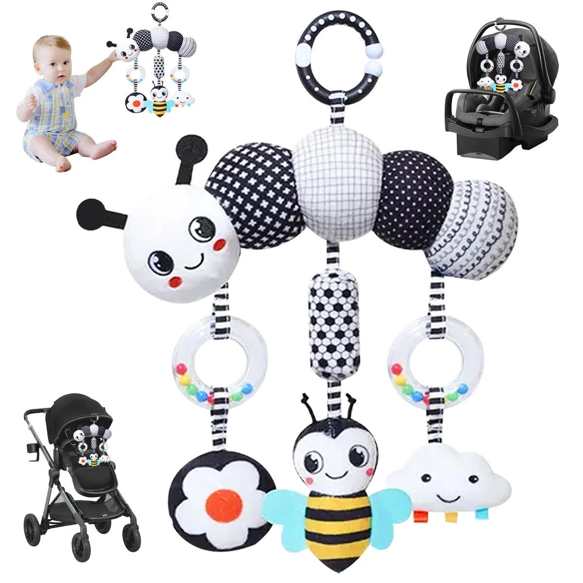 Giocattoli per Seggiolino Auto per Neonati, Giocattoli Sonori da Appendere per Culla Mobile, Giocattoli in Bianco e Nero ad Alto Contrasto per Passeggino