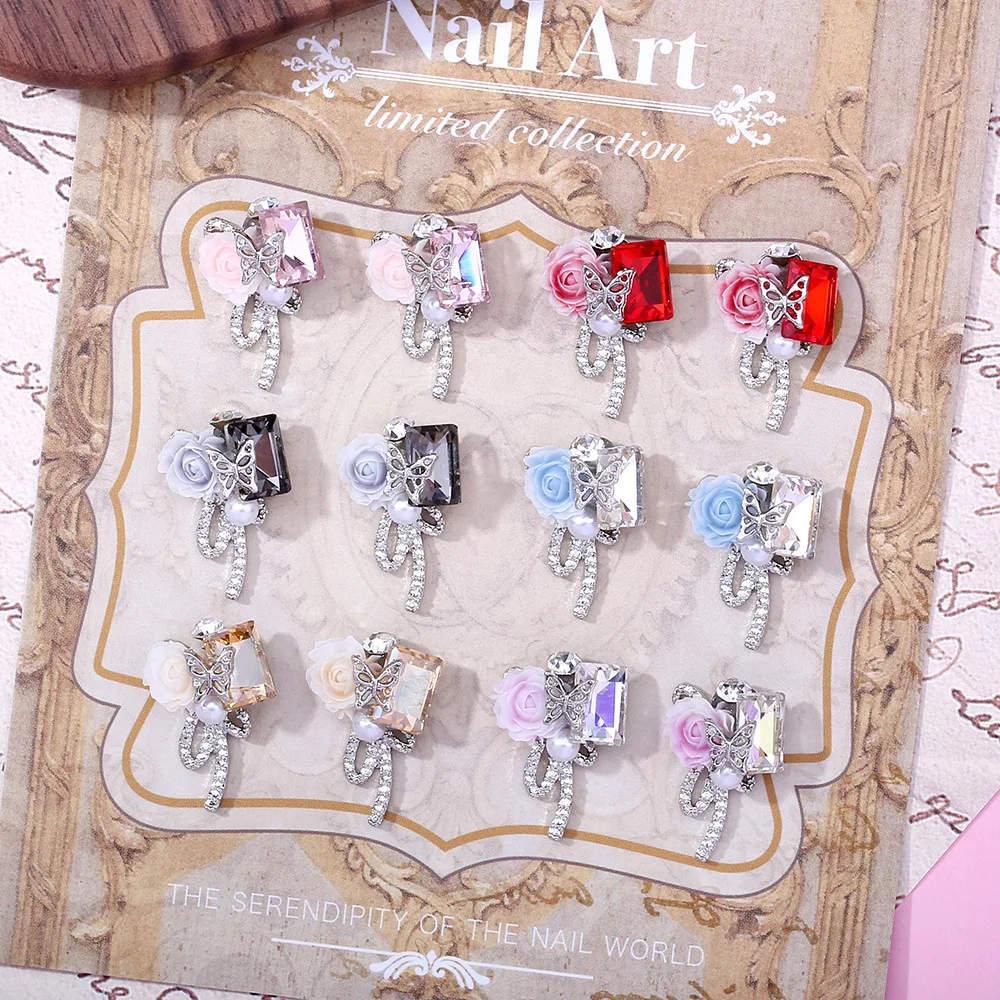 

10pcs Alloy Drill Camellia Butterfly Nail Decor Sparkly Pile Drill Bare Diamond Nail Art Charms DIY Salon Manicure Supplies