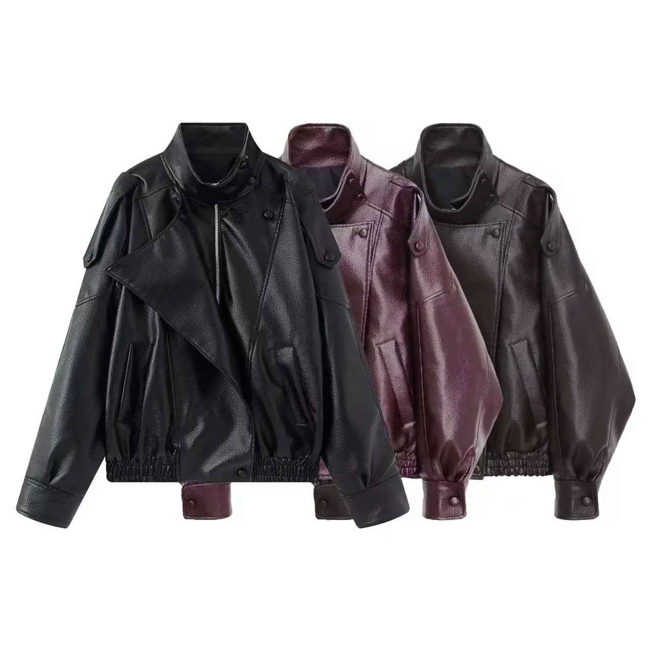 

KIDCRKJ Vintage Women Spring Faux Leather Coat Stand Collar Zipper Spliced Lady Bomber Jacket Commuting Street Female Coat