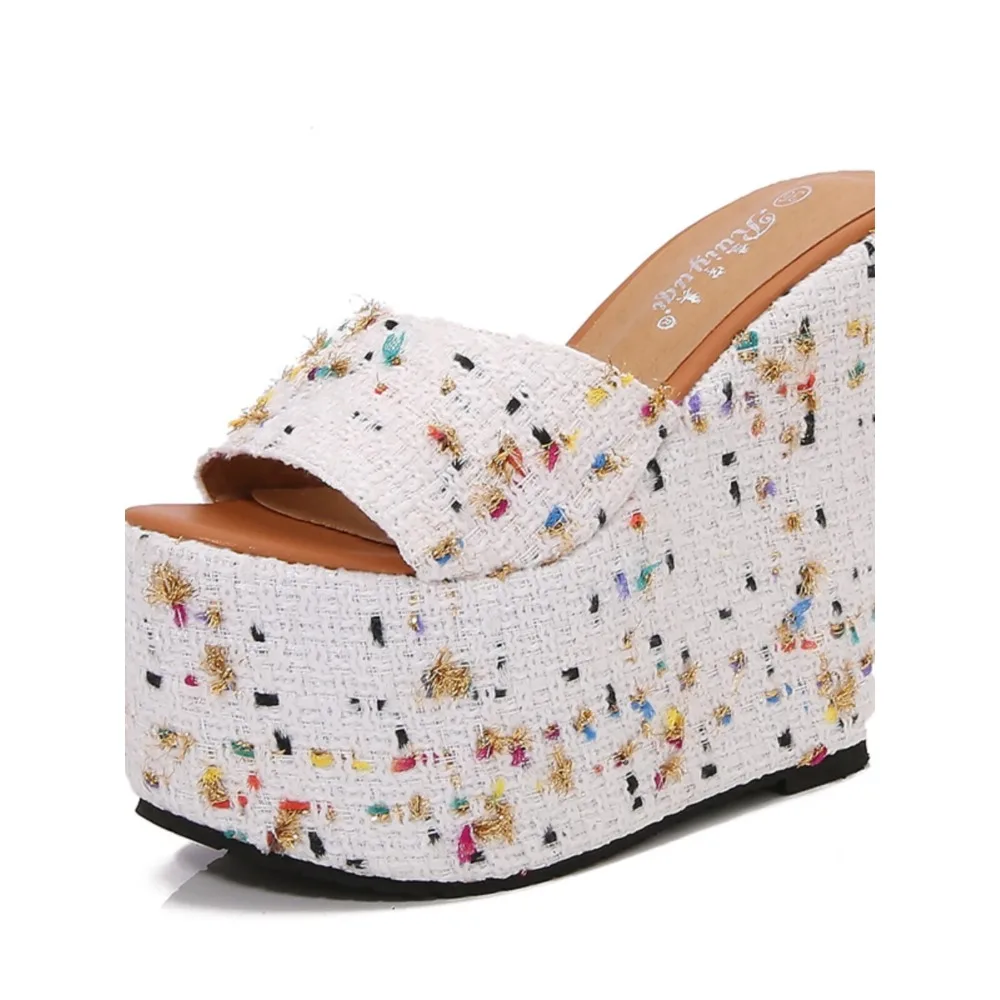 Summer Bling Rhinestone Wedge Sandals Women 15cm High Heel Platform Slides Outdoor Slip On Plus Size Slippers