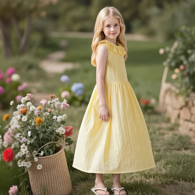 

Girls Dot Sleeveless Dress - Ruffle Frill Neck A-Line Midi Sundress for Kids 6-14 Years Old Casual White Beach Vacation Dresses