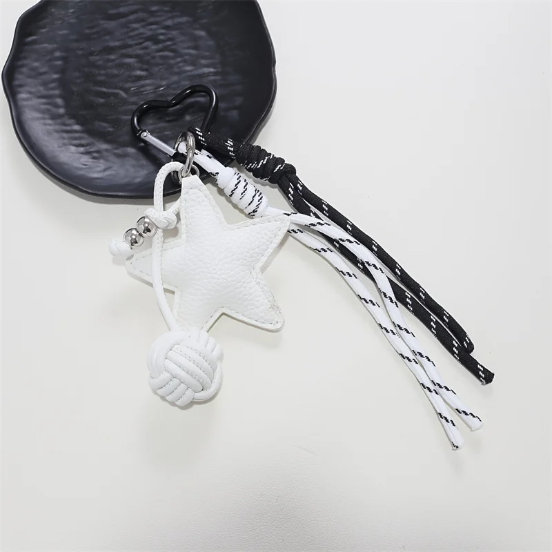 PU Leather Star And Ball Pendant Keychain - Woven Rope Hanging Ins Sporty Style 5 Pointed Star Bag Accessory