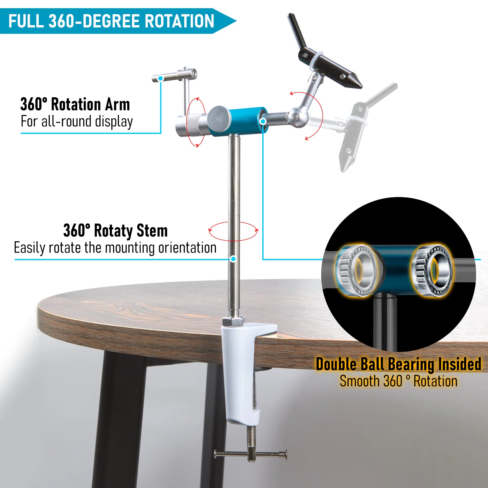 Portable Fly Tying Vise,Fly Tying Base,Fly Tying Tool,360 Degree Rotary Stainless Steel Aluminum C-Clamp Mount 40Cr Hard Jaws