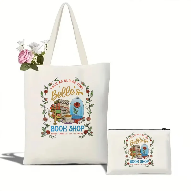 2pc Tale As Old As Time Belle's Book Shop Tote Bag Vintage Beauty and The Beast Tote Bag for Book Lover Harajuku Print Tote Bag