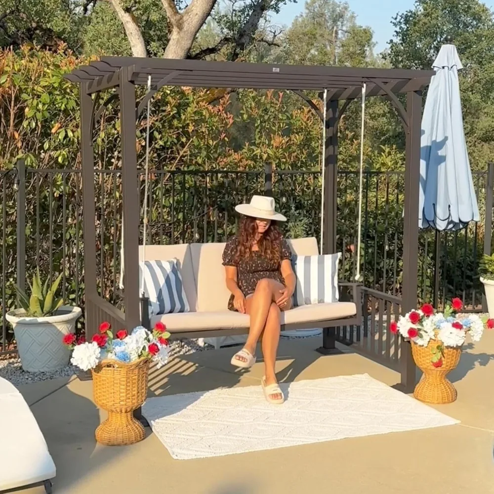 

3-Seat Porch Swing Outdoor Metal Pergola Swing Bed Hanging Cloud Swing Chair with Stand for Backyard Garden Patio Ha