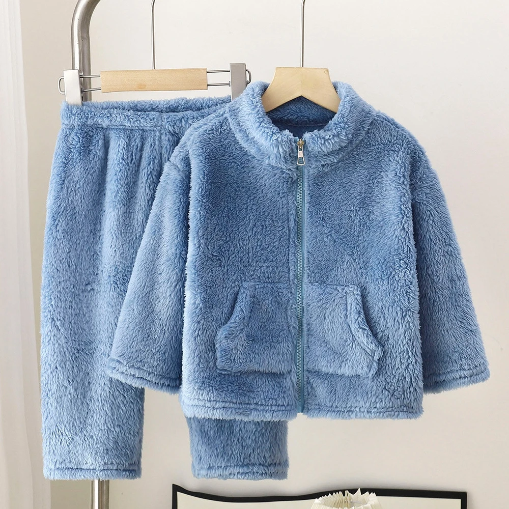 

Kids Autumn Winter Thicken Warm Soft Flannel Pajamas Sets Baby Casual Solid Zipper Coat with Pants Boys Girls Casual Pyjamas