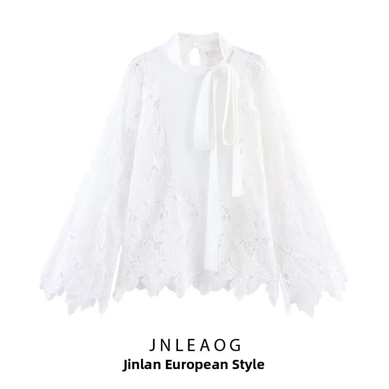 

JNLEAOG Spring New Women's Faion Design Embroidered Commute Sle Blouse Loose Fit Polyester Long Sve round Ne irt