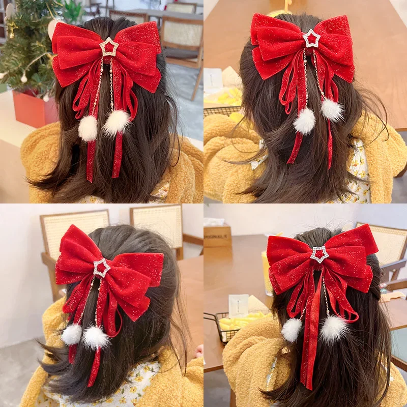 Red Velvet Bow Hair Clip Women Girls Sweet Long Elastic Hair Ties Ribbons Scrunchies Headwears Women Girls Hair Styling New Year