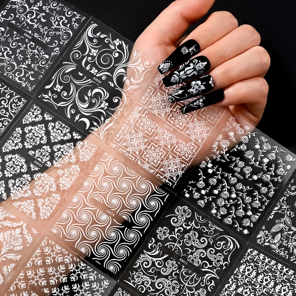 30Pcs White Lace Black Nail Sticker Lace Nail Art Decals Set Flowers Filigree DIY Manicure Wedding Nail Decoration Accessories