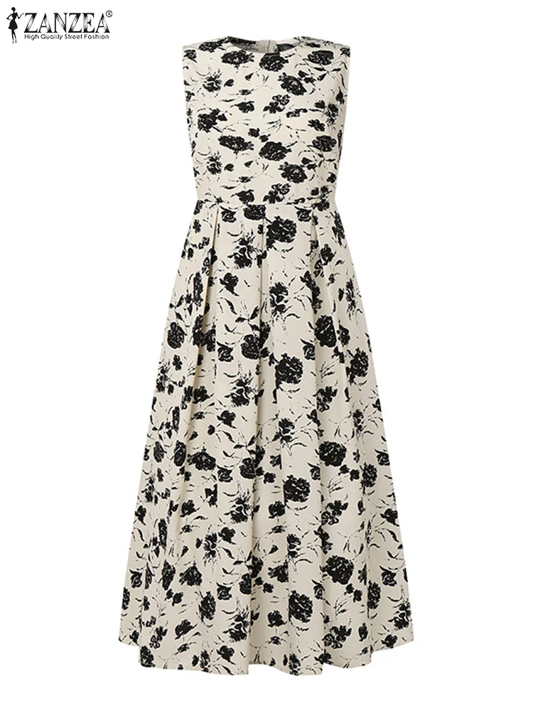 2025 ZANZEA 보헤미안 여성 꽃 프린트 여름 드레스 민소매 맥시 Sundress 캐주얼 빈티지 Pleated 파티 비치 롱 Vestidos