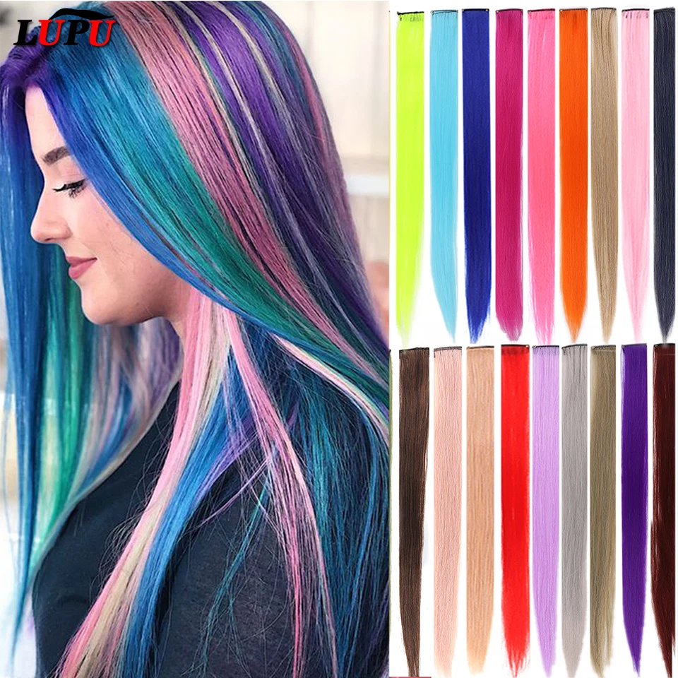 LUPU 22-Zoll-Haarverlängerung mit synthetischen farbigen Highlights, Regenbogenfarben, lange, glatte Haarteile für Frauen, Kinder, Mädchen, Lila, Rosa, Blau