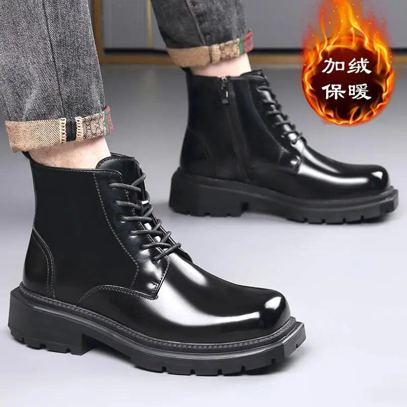 Botas masculinas de couro brilhante com isolamento de pelúcia e aumento de altura, cano alto, cowboy americano, inverno, estilo britânico