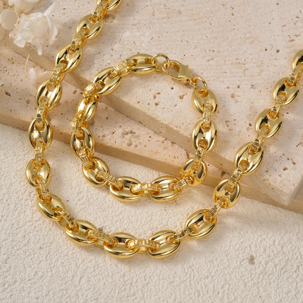 Unisex Gold Color Chain Jewelry Set Copper Pig Nose Link Necklace Bracelet Kit Fashion Hiphop Accessory Birthday Holiday Present