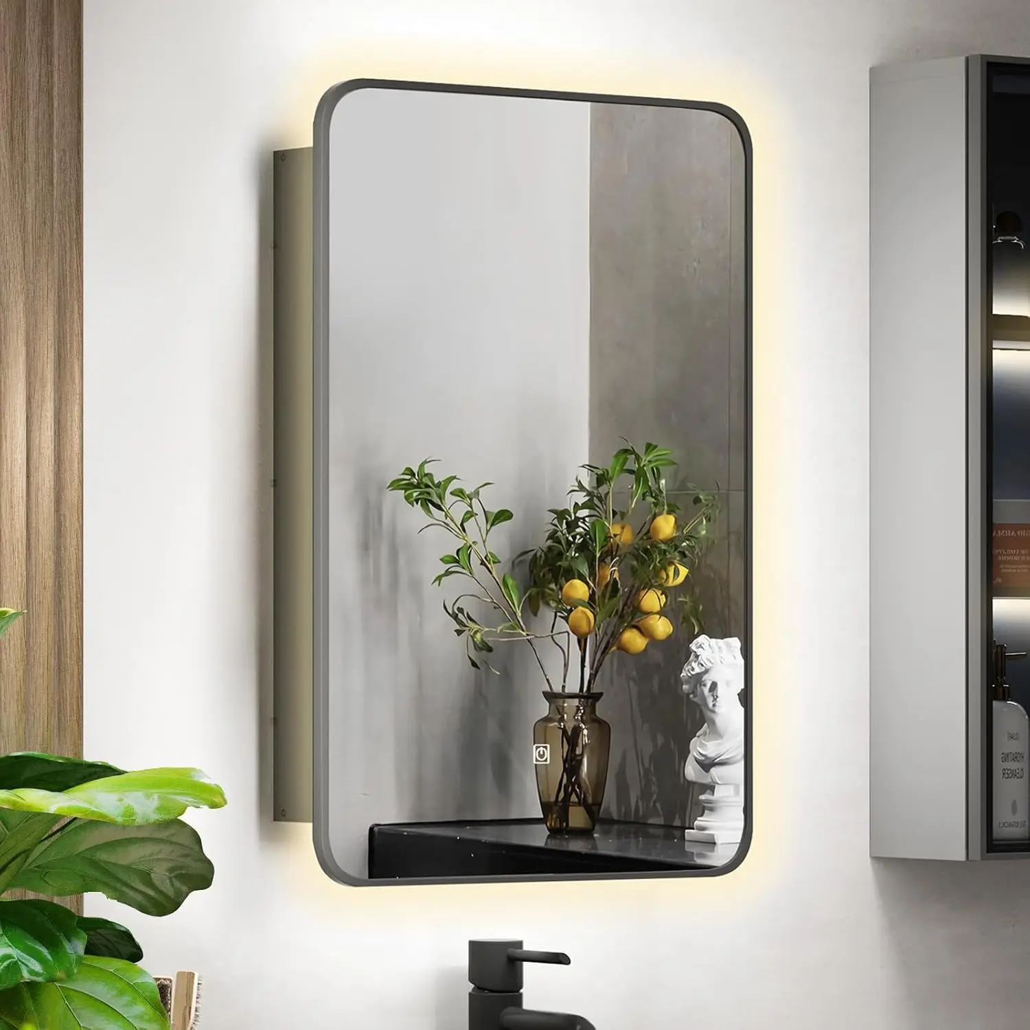 Bathroom Medicine Cabinet LED Backlight Black Metal Frame Wall Recessed Mount Touch Control 3 Color 20x30, Customized