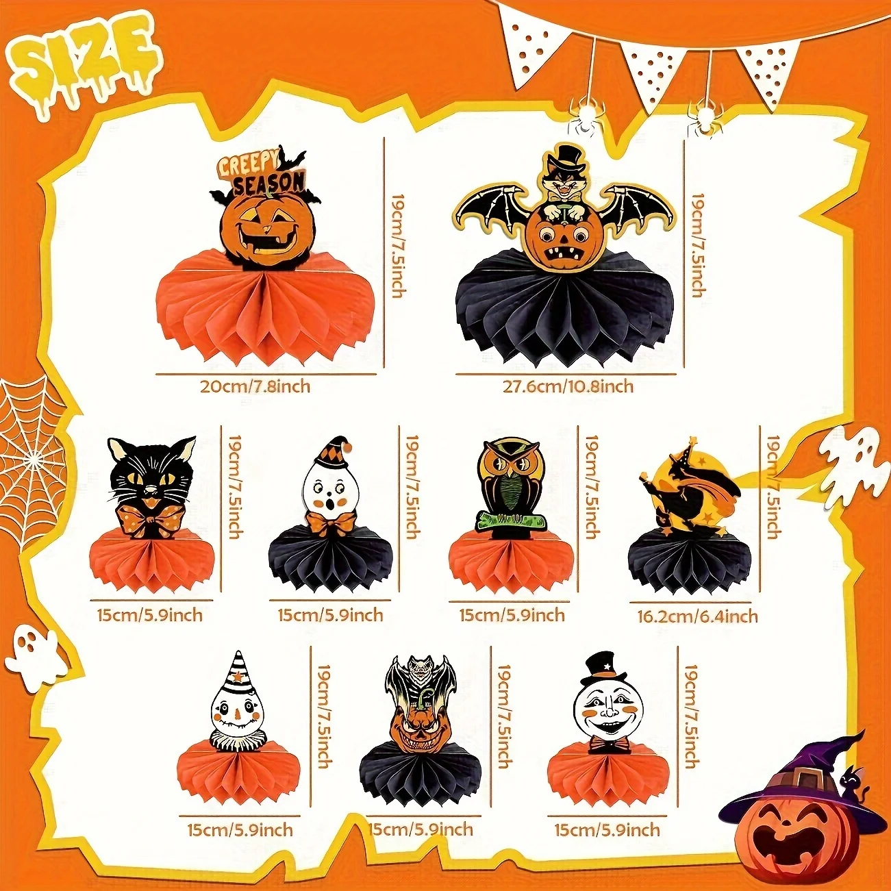 زينة حفلات الهالوين العتيقة لطاولة الهالوين قطعة مركزية على شكل قرص العسل 9 قطع من جوهانا باركر ديكور طاولة الهالوين على شكل قرع