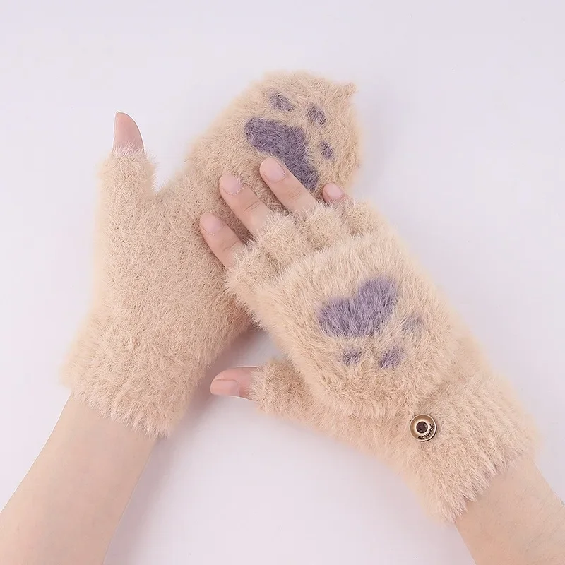 Big Children Cartoon Cute Cat Claws Fashion Boys and Girls Winter Comfort Thickened Warm Clamshell Half Finger Gloves