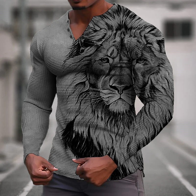 Animal Lion 3D Print Henley Shirts Men\'s Fashion Vintage Streetwear Oversized Button Long Sleeve T Shirt Tees Tops Man Clothing