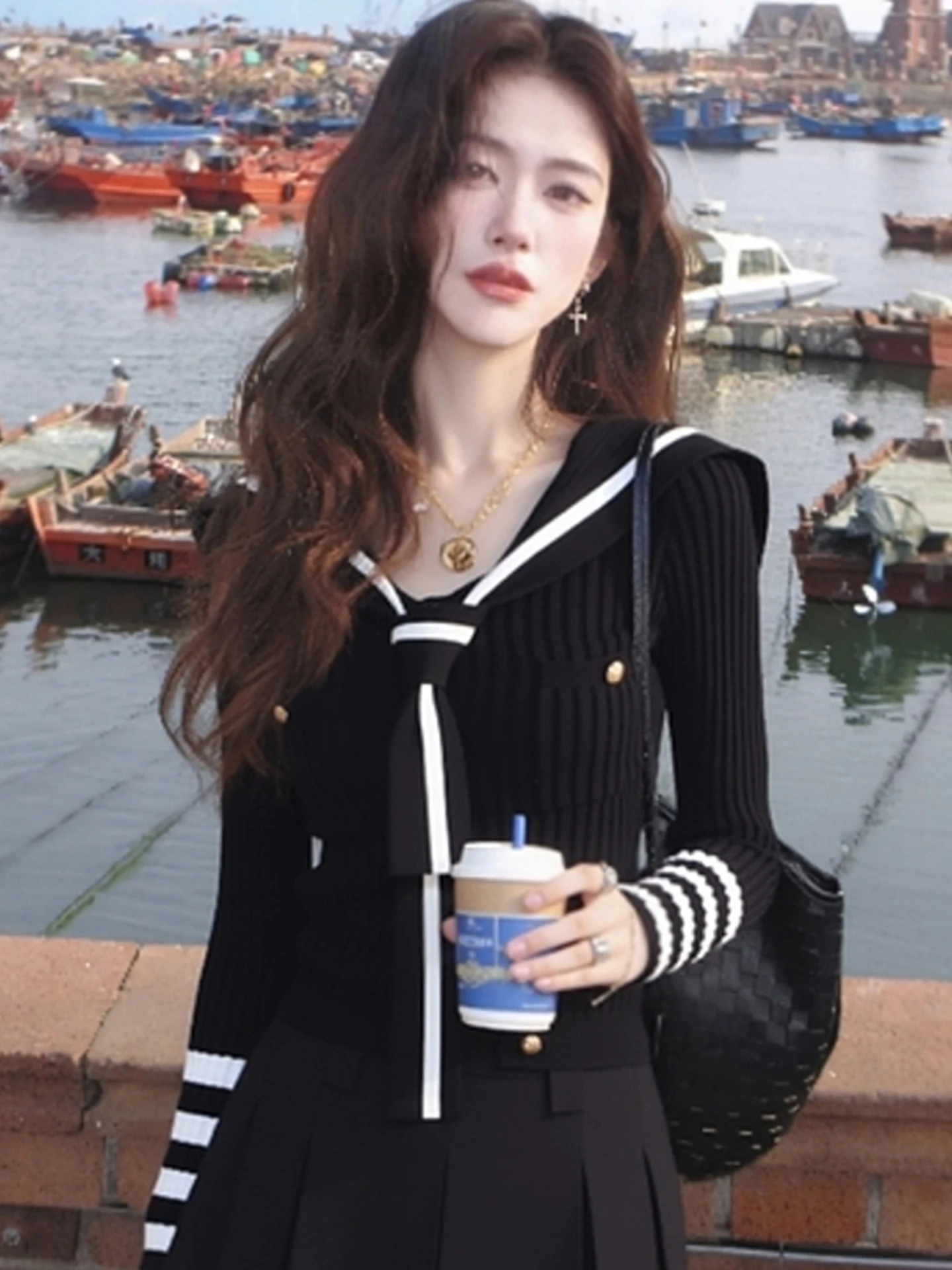 Einzigartiger koreanischer SLE Navy Kragen Farbe Blo Long Sve Strickpullover Ort Fit Damen Top Herbst Winter Anti-Aging Vielseitig