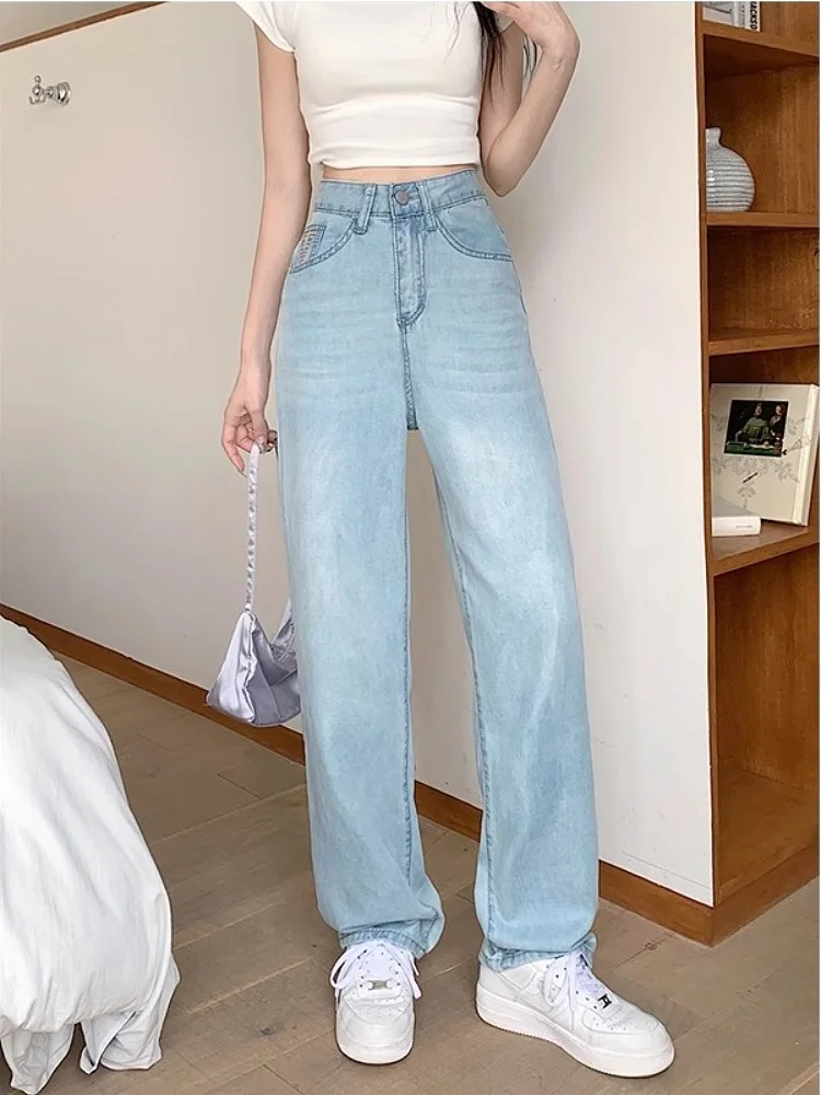 

Осень 2024, женские широкие джинсы с высокой талией и вышивкой, длинные утягивающие брюки длиной до пола, удобные хлопковые брюки