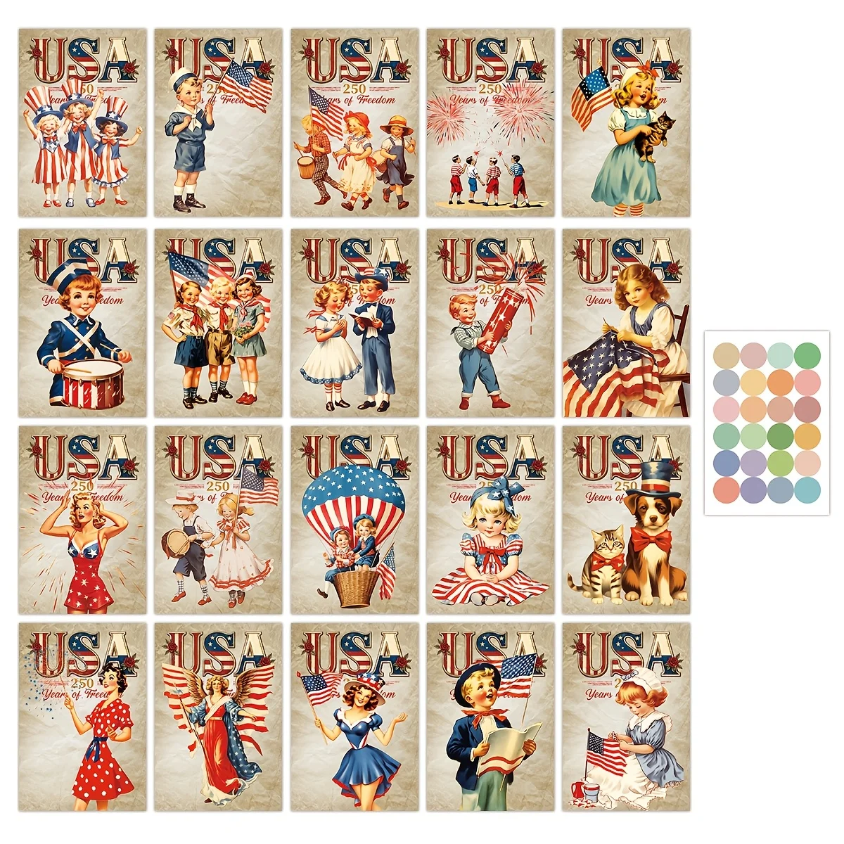 20pcs Retro American Independence Day Themed Postcard Set, Patriotic Art Greeting Cards with Classic Character Illustrations