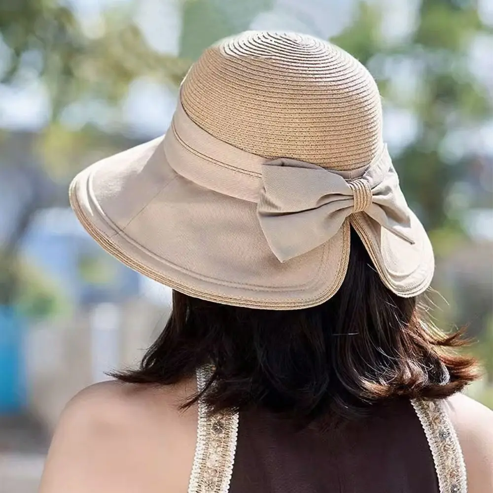 

Summer Straw Bucket Hat Bowknot Foldable Sunshade Hat UV Protection Portable Beach Cap Outdoor