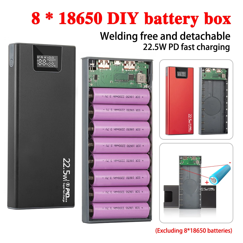 DIY 8x18650 Battery Case Power Bank Shell QC PD 22.5W Fast Charging Mobile Power Supply Housing 8 Slot Battery Storage Boxes