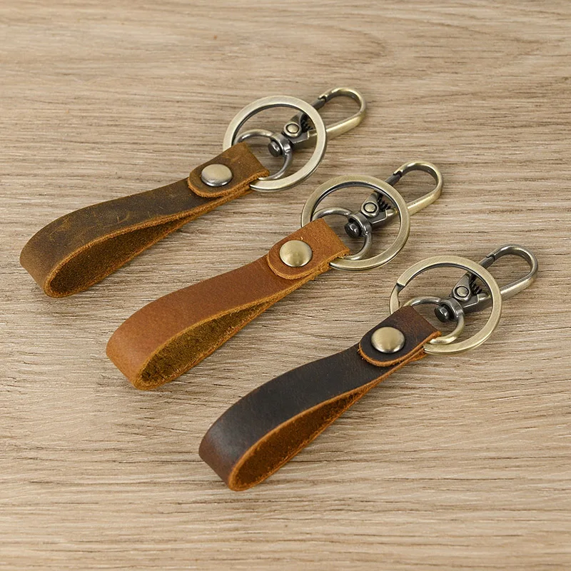 Crazy horse leather chaveiro para homens, anel de couro genuíno, couro macio, atacado, personalizado, 3 pcs/lot