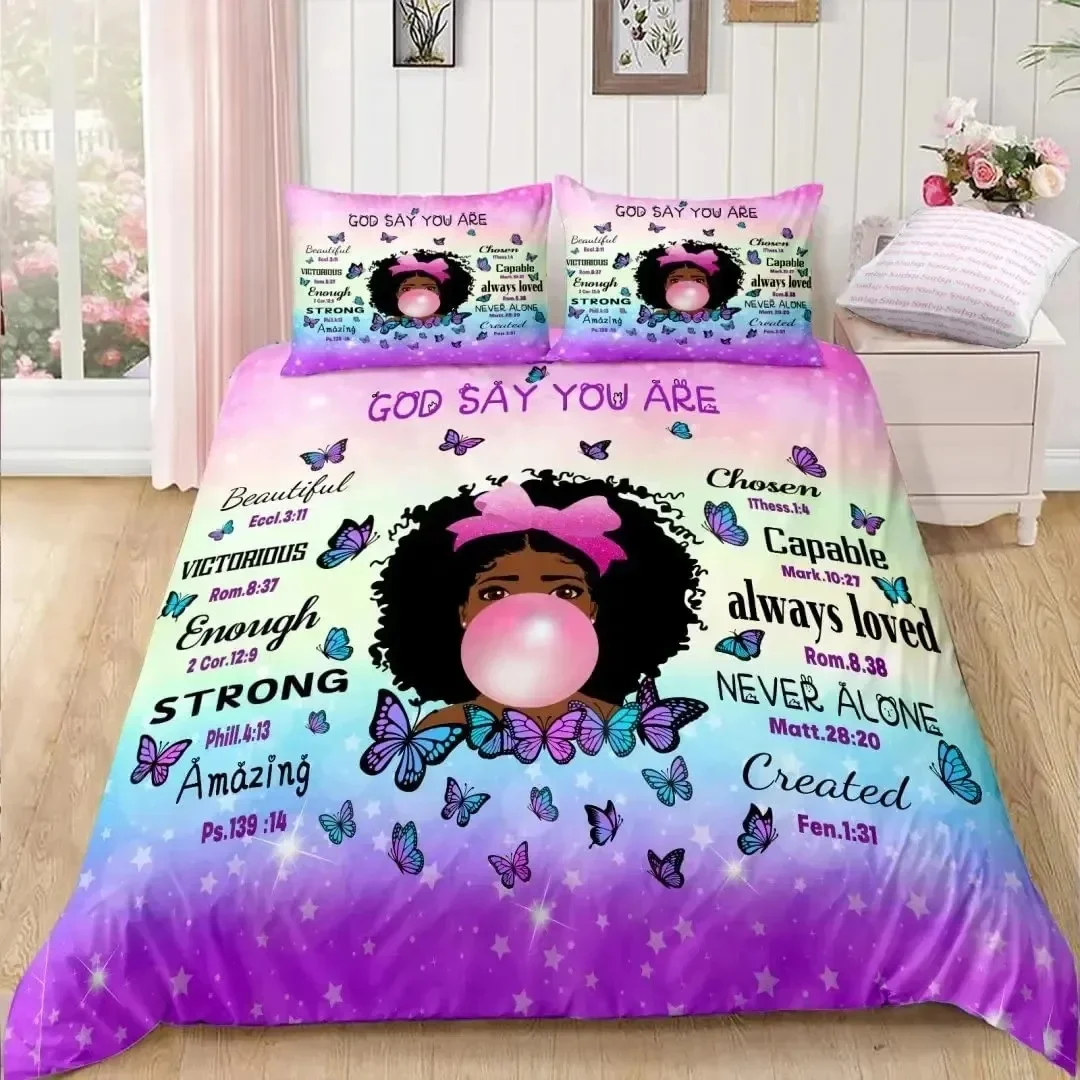 American Black Girl Duvet Cover Set,Black Girl Magic Bedding Set Full Size,Cute Little Afro Black Princess Comforter Cover Sets