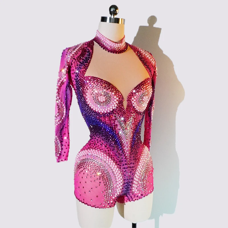 스파클 전체 라인 석 바디 슈트 섹시한 핑크 배 클럽 파티 생일 드래그 퀸 DS 폴 댄스 의류 가수 무대 공연