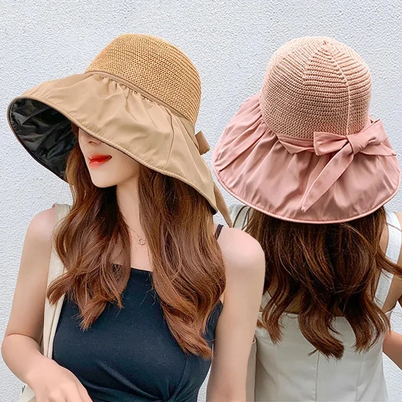 Summer Black Glue Bow Solid Color Bucket Hat SunHat Hollow Open Fishman Cap Straw Hat UV ProtectionLarge Brim Face Sunscreen