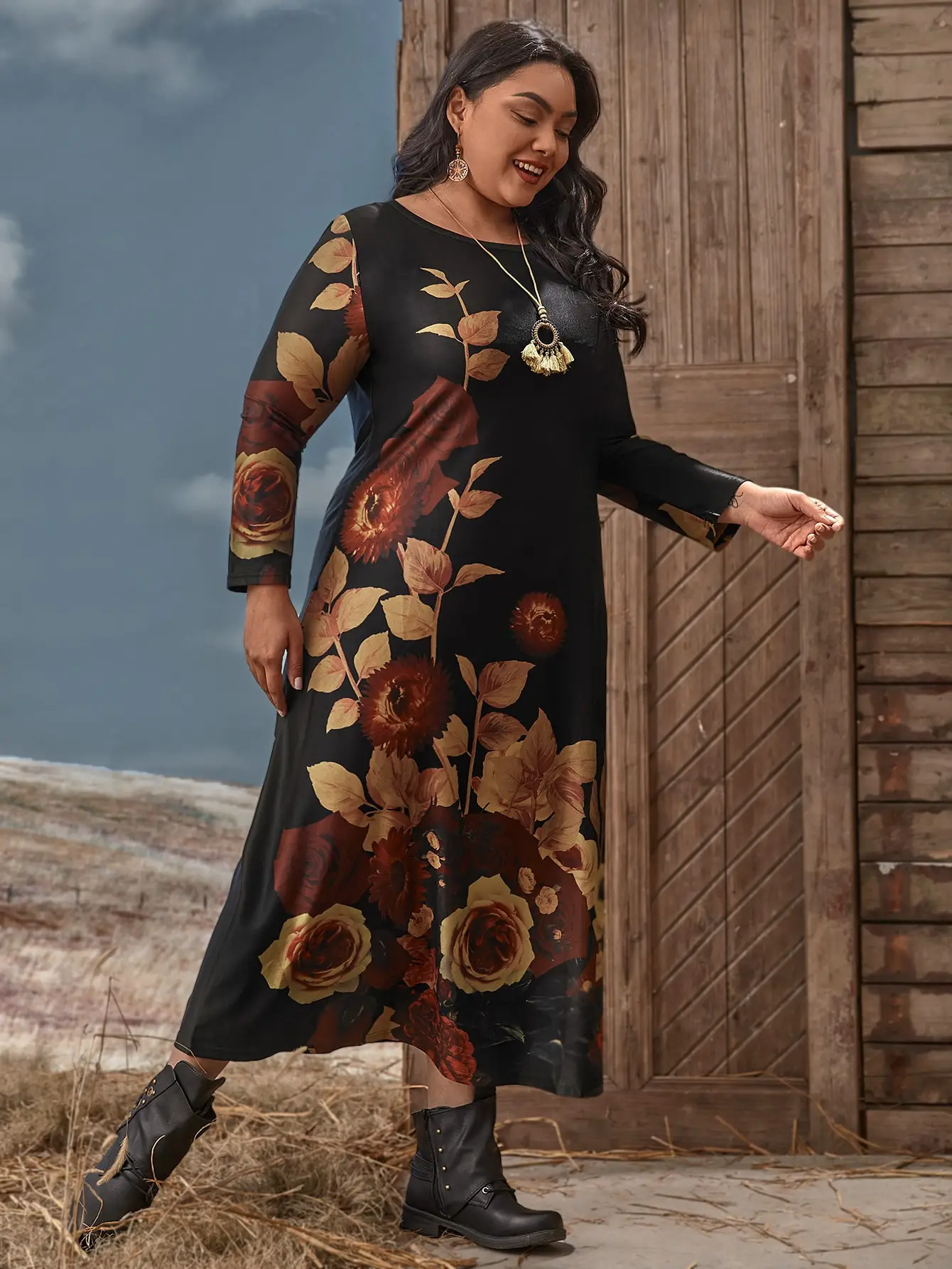 2024 Autumn Winter Woman Long Sleeve Dress Floral Print Casual Dress Loose Plus Size Smocked Maxi Women Clothing