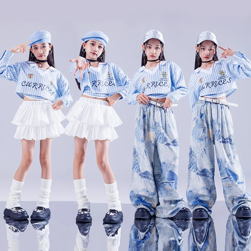 Hip Hop Sets Mädchen K-pop Streifen Blau Crop Top Street Dance Cargo Hosen Tiered Röcke für Kinder Streetwear Kinder Jazz Kostüm