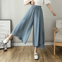 Double Layer Irregular Hem Pleated Chiffon Pants Women Summer High Waist Blue Black Wide Leg Pants Beach Casual Loose Pants Slit