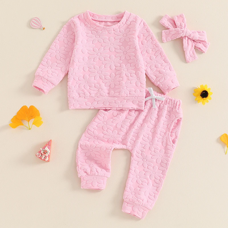 2024-05-22 Lioraitiin Toddler Girl Fall Outfit Daisy Embroidery Long Sleeve Sweatshirt with Elastic Waist Pants Headband Set