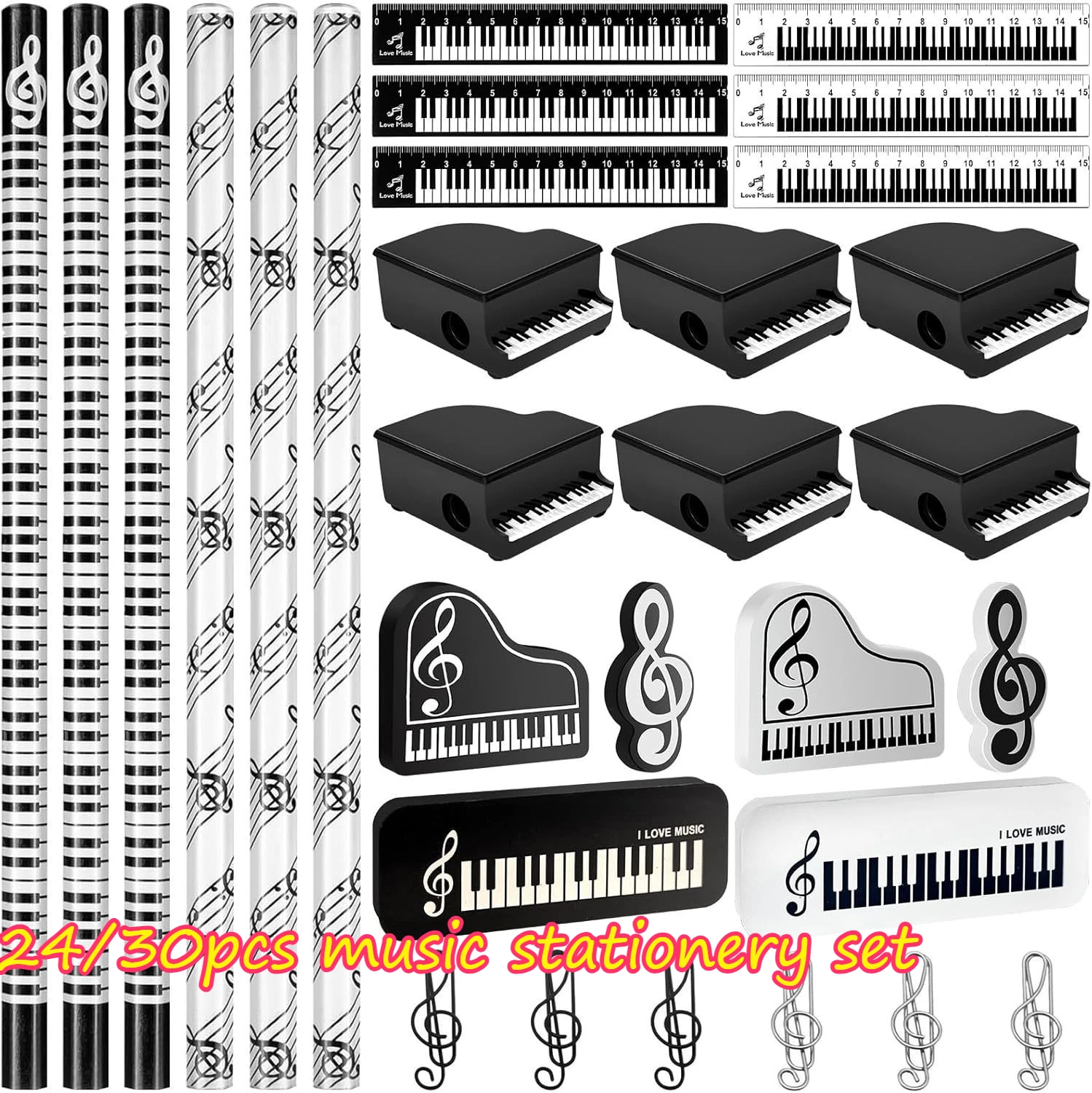 24/30pcs Music Stationery Set Wooden Pencil+piano Eraser+pencil Sharpener Students Creative Notes Theme Writing Stationery