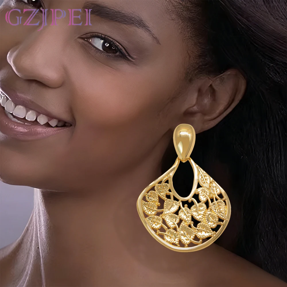 

GZJPEI Gold Silver Color Leafs Large Earrings Exaggerated Chunky Hollow Big Drop Earring For Women Wedding Banquet Jewelry Gifts