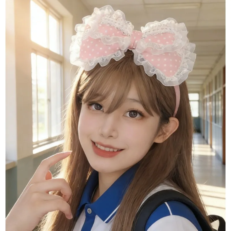 

Кружевной аксессуар для волос в стиле сладкой Лолиты с большим бантом, головной убор ручной работы в горошек KC для Comic Con и чаепитий