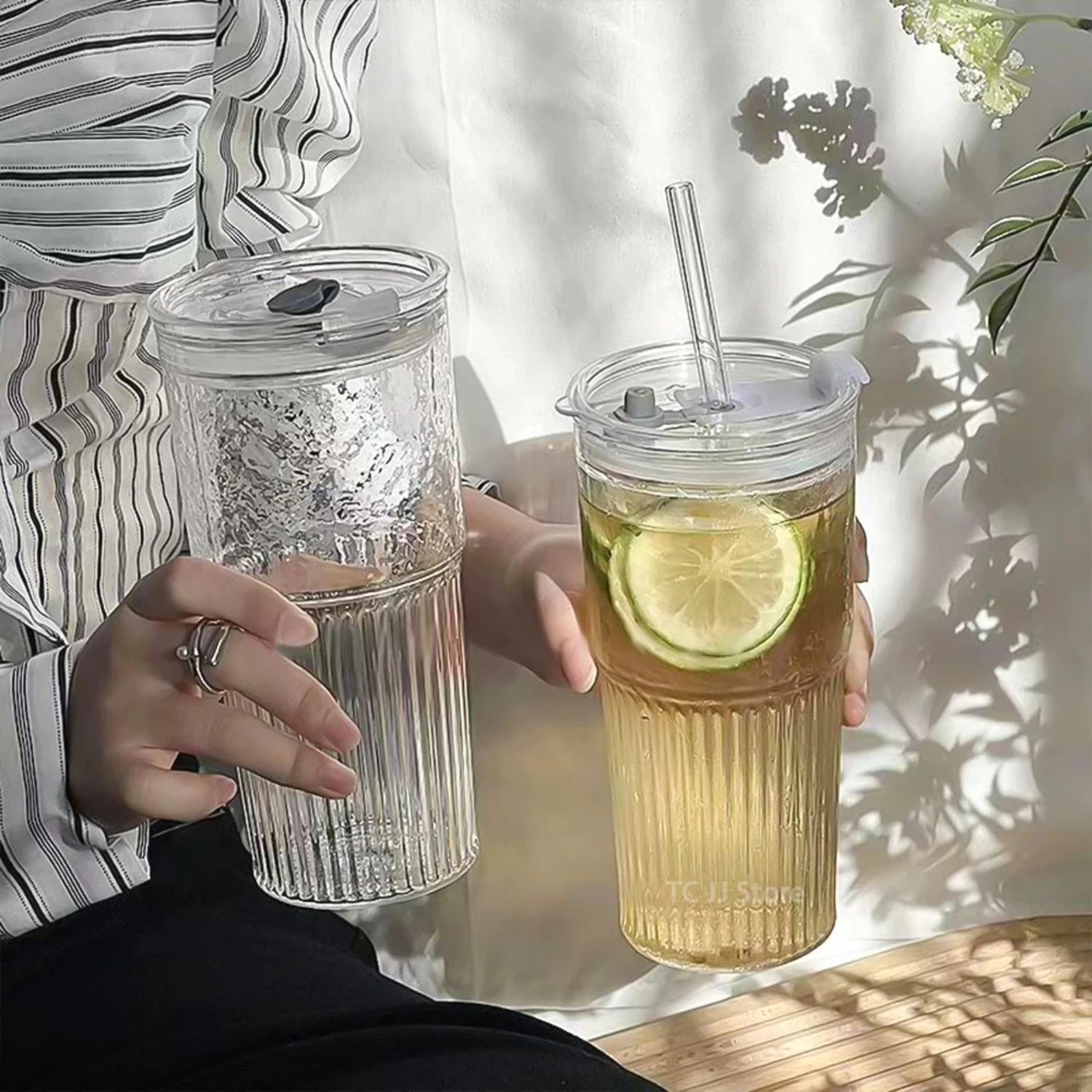 

600ML Stripe Glass Cup With Lid and Straw Transparent Cold Drinking Glasses Iced Coffee Mug Juice Milk Tea Water Cups Drinkware