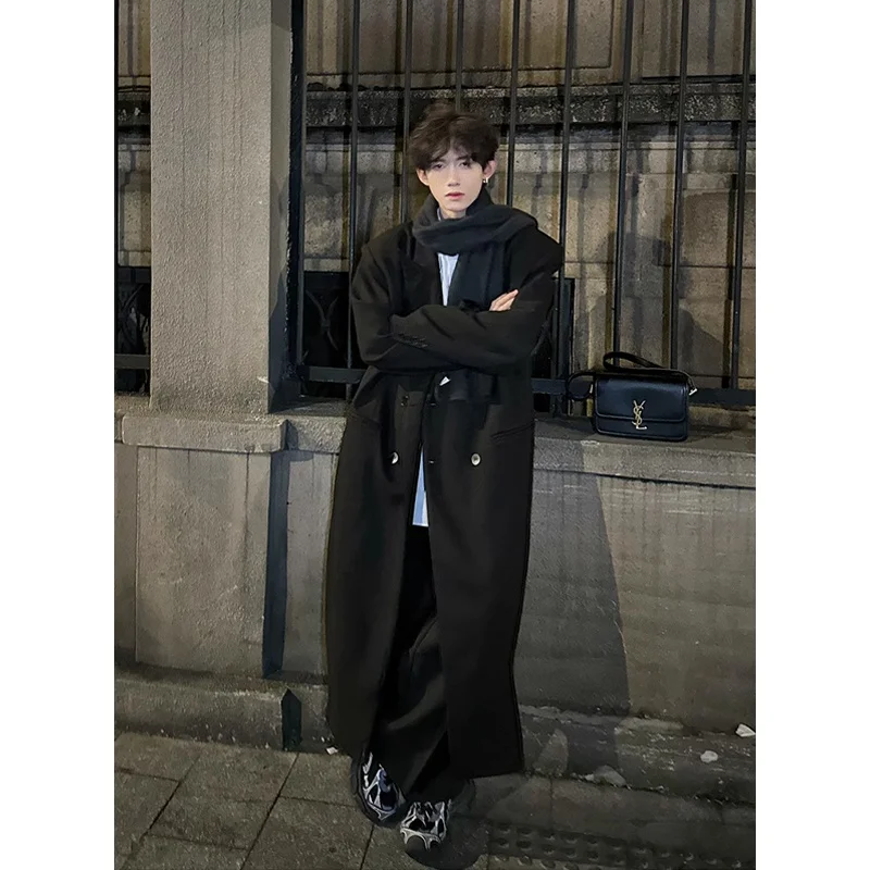 

Cleanfit Bla Long Thiened Winter Men's Woolen Coat Knee-Length Korean Sle Premium Feel Suit Jaet Youth Casual Faion